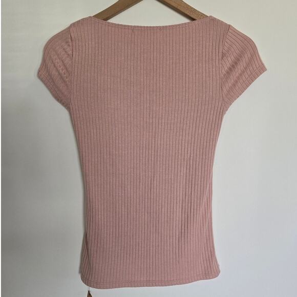Reformation Bardot Pink Ribbed Knit Square Neck Short Sleeve Top Sz Small - Picture 2 of 3